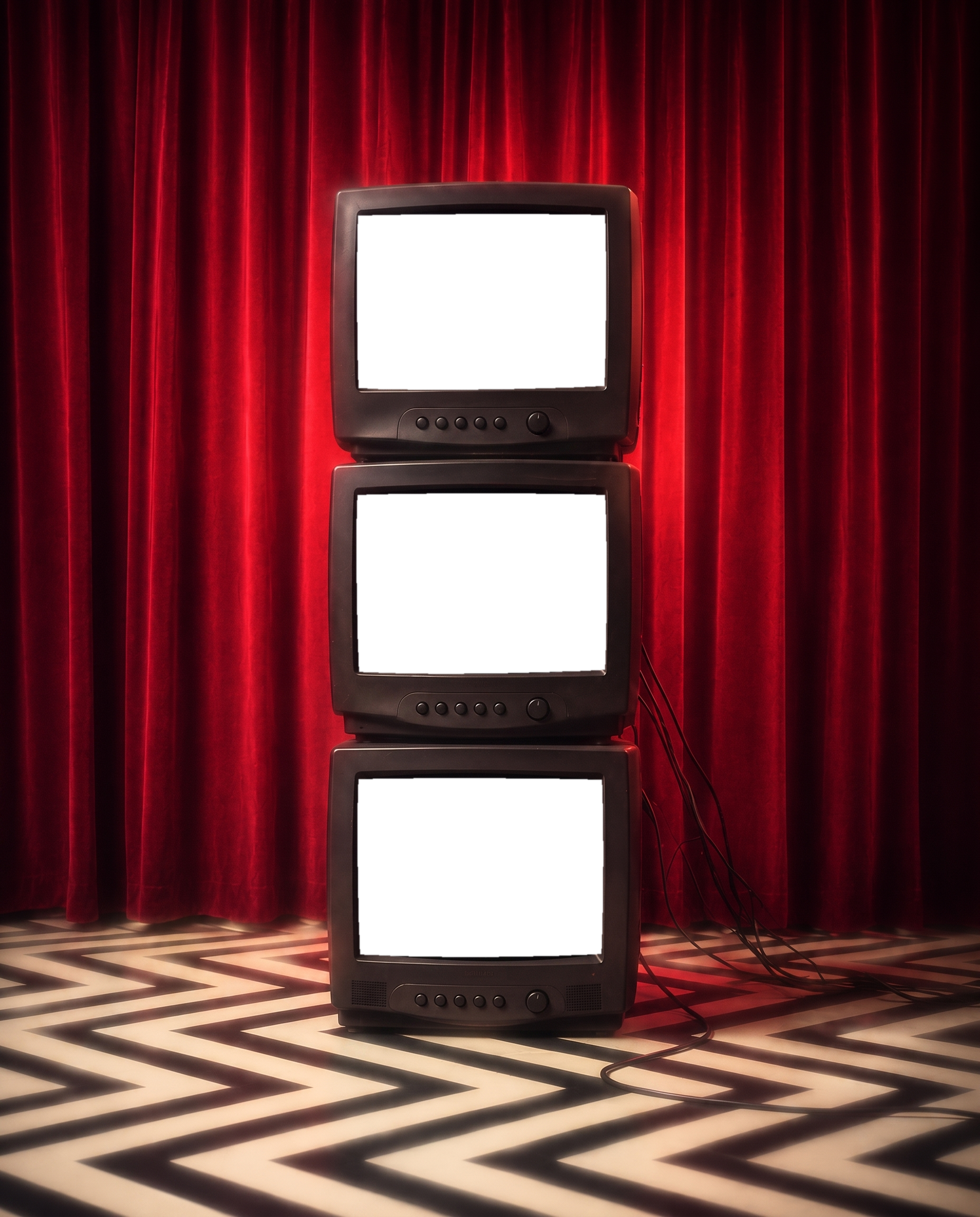 Three stacked vintage televisions in front of red curtains