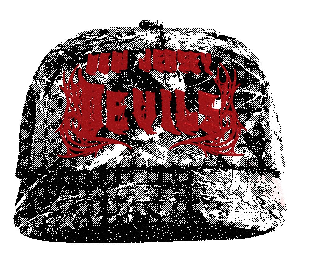 Photocopied picture of the camo New Jersey Hardcore hat with red New Jersey Devils lettering